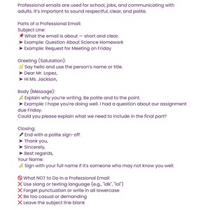 Pu&ograve; includere: Una pagina bianca con il titolo "How to Send a Professional Email" in rosso. Il testo fornisce linee guida su come scrivere email professionali, tra cui oggetto, saluti, corpo e chiusura. Elenca anche cosa non fare.
