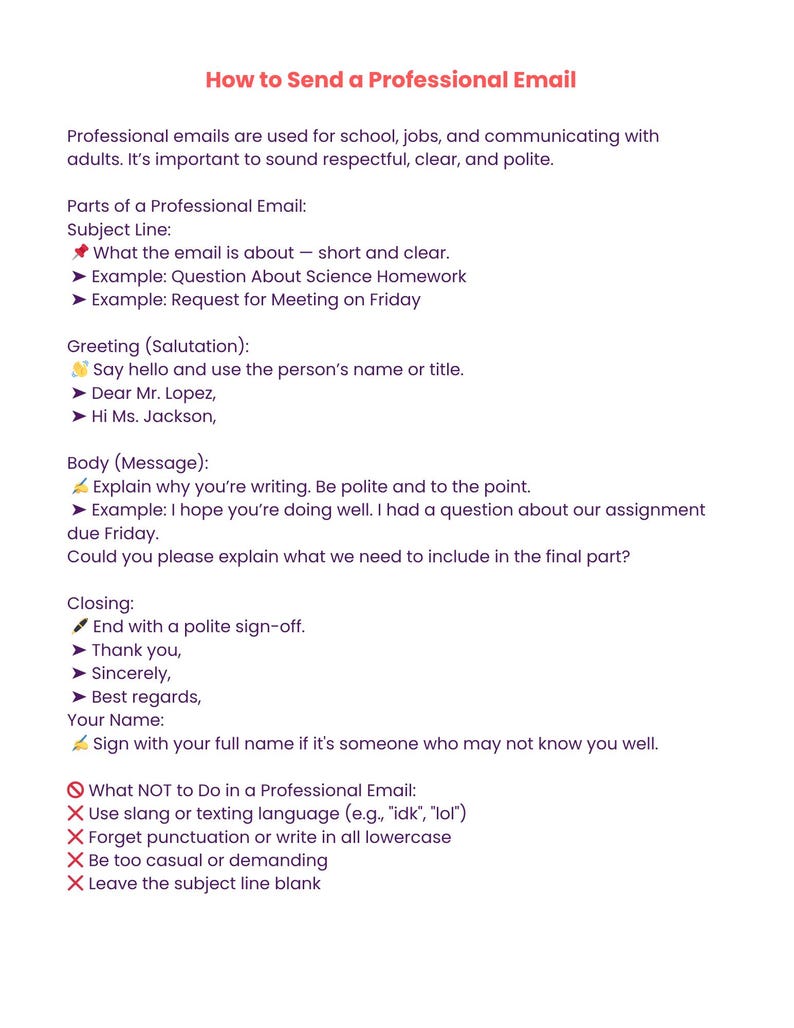 Pu&ograve; includere: Una pagina bianca con il titolo "How to Send a Professional Email" in rosso. Il testo fornisce linee guida su come scrivere email professionali, tra cui oggetto, saluti, corpo e chiusura. Elenca anche cosa non fare.