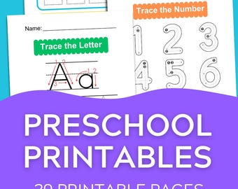 Può includere: Materiali stampabili per la scuola materna con attività di tracciamento di lettere e numeri. L'immagine mostra fogli di lavoro con il testo "Trace the Letter" e "Trace the Number". L'immagine include anche il testo "Preschool Printables" e "29 Printable Pages".