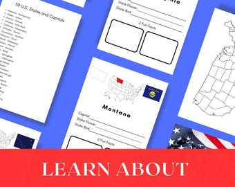 Può includere: Fogli di lavoro didattici sui 50 stati americani e le loro capitali. Ogni foglio include una mappa dello stato, una bandiera e spazio per i fatti. L'immagine include anche il testo "LEARN ABOUT THE 50 STATES".