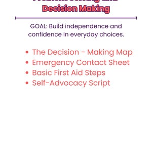 Pu&ograve; includere: Grafica bianca con il testo "Problem Solving and Decision Making" in rosso e viola. Sotto c'&egrave; il testo "GOAL: Build independence and confidence In everyday choices". Elenchi puntati elencano "The Decision - Making Map", "Emergency Contact Sheet", "Basic First Aid Steps" e "Self-Advocacy Script".