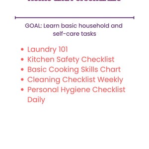 Pu&ograve; includere: Grafica bianca con il titolo "Home and Personal Life" in viola. Il testo elenca gli obiettivi per l'apprendimento delle attivit&agrave; domestiche e di cura di s&eacute; di base, tra cui "Laundry 101" e "Kitchen Safety Checklist."