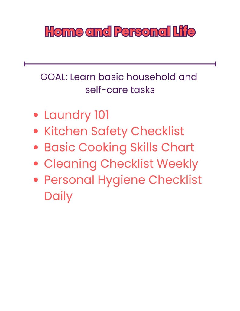 Pu&ograve; includere: Grafica bianca con il titolo "Home and Personal Life" in viola. Il testo elenca gli obiettivi per l'apprendimento delle attivit&agrave; domestiche e di cura di s&eacute; di base, tra cui "Laundry 101" e "Kitchen Safety Checklist."
