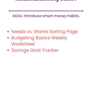 Pu&ograve; includere: Un grafico bianco con il titolo "Financial Literacy Basics" in rosa. L'obiettivo &egrave; introdurre abitudini finanziarie intelligenti. Include "Needs vs. Wants Sorting Page", "Budgeting Basics Weekly Worksheet" e "Savings Goal Tracker".