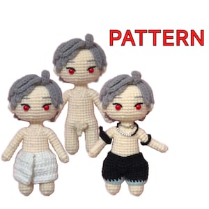 May include: Three handmade crochet dolls with gray hair and red eyes. One doll is nude, one wears a white towel, and the third has black shorts and accessories. The word "PATTERN" is in red text.