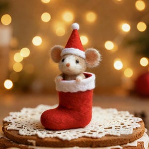 May include: A Christmas-themed ornament showing a mouse wearing a Santa hat, emerging from a red felt stocking with a white trim. The mouse sits on a decorated cake. The background features blurred fairy lights.