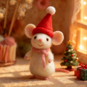 Puede incluir: Una figura de ratón blanco hecha a mano, con un gorro de Papá Noel rojo y una bufanda rosa. El ratón tiene orejas grandes y una cara sonriente. Un pequeño árbol de Navidad y una caja de regalo envuelta están en el fondo.