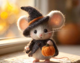 Ręcznie robiona filcowa figurka myszy z dynią – dekoracja na Halloween, Boże Narodzenie, Święto Dziękczynienia