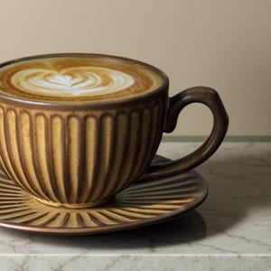 Może przedstawiać: Brązowy ceramiczny zestaw filiżanki i spodka do kawy wypełniony latte. Filiżanka ma żebrowany wzór i zakrzywiony uchwyt. Latte art ma kształt serca. Spodek ma wzór radialny.