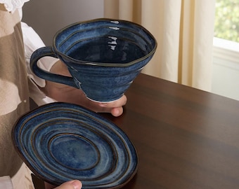 Handcrafted Ceramic Coffee Cup and Saucer Set – Vintage Red and Ocean Blue Pottery Mug, 380ml Elegant Ceramic Teacup for Home and Café.