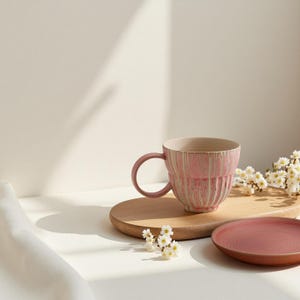 Puede incluir: Una taza de cerámica rosa con un diseño texturizado y acanalado y un asa a juego se encuentra sobre una bandeja de madera. Un plato pequeño a juego está al lado de la taza. Flores blancas están esparcidas alrededor de la taza y el plato.