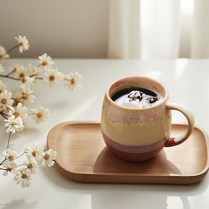 Puede incluir: Una taza de cerámica de forma redondeada, llena de café y cubierta con crema batida, se encuentra sobre una bandeja de madera. La taza presenta un degradado de color rosa, amarillo y marrón. Flores blancas en el fondo.