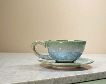 Celestial Mist Ceramic Cup – Hand-Glazed Sky Blue Teacup with Dreamy Gradient Art