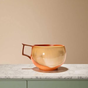 Puede incluir: Una taza de cerámica grande y redonda con un asa rectangular ancha. La taza presenta un degradado de colores, que va del beige claro en la parte superior al naranja cálido en la base. El interior es marrón oscuro.