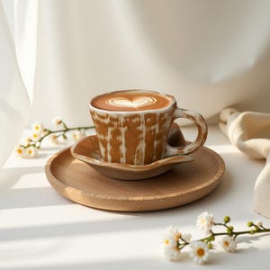 May include: A ceramic coffee cup with a heart-shaped design in the foam, sitting on a matching saucer and a wooden plate. The cup and saucer have a textured, brown and white pattern. The wooden plate is round. White flowers are scattered around the cup.