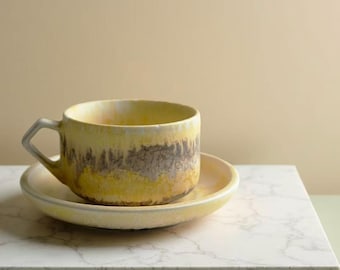 Handmade Ceramic Coffee Cup & Saucer · Artistic Yellow Glaze Cup · 150ml Modern Pottery Drinkware
