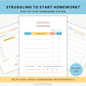 Op de afbeelding: Printbare huiswerkplanners met de tekst "STRUGGLING TO START HOMEWORK?" en "HELPS KIDS FINISH HOMEWORK INDEPENDENTLY". De planners bevatten een projectplanner, een weekoverzicht en een dagelijkse huiswerktracker.