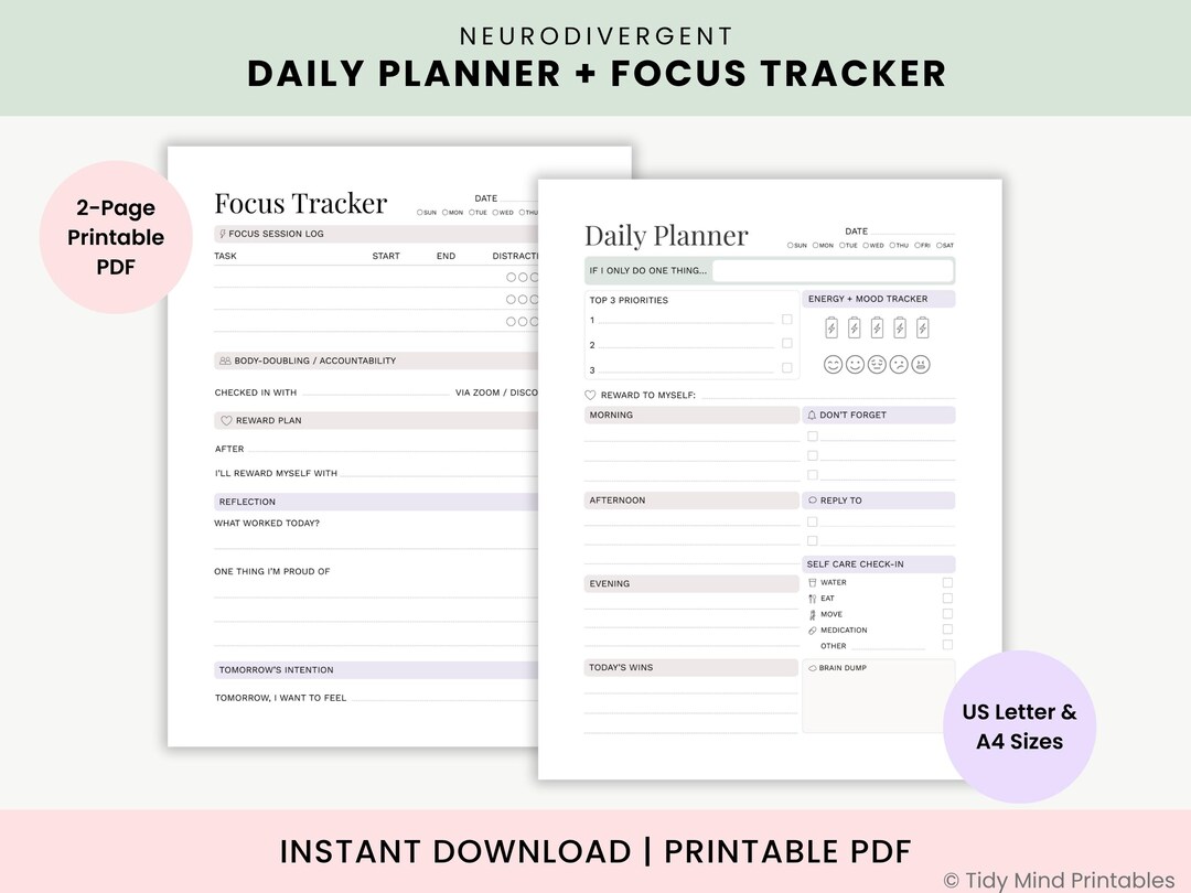Neurodivergent Daily Planner + Focus Tracker | ADHD Printable Planner ...