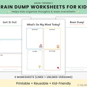 Può includere: Tre fogli di lavoro stampabili per bambini, progettati per aiutare a organizzare i pensieri e ad alleviare l'eccessivo carico mentale. I fogli di lavoro includono sezioni per ordinare i compiti, fare brainstorming e catturare idee. Formato carta US Letter, 21,6 x 27,9 cm.