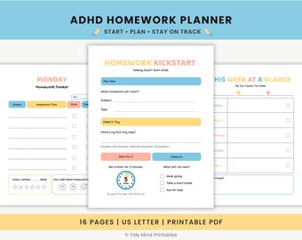 May include: A printable ADHD homework planner in US Letter size with 16 pages. The layout includes a Homework Kickstart page, a Monday Homework Tracker, and a This Week at a Glance section with colorful headers, checkboxes, and goal tracking.