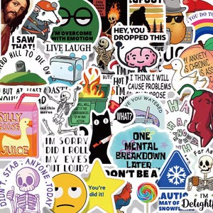 Funny Cat Meme Stickers 50-Pack, Snarky Waterproof Decals