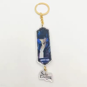 Könnte beinhalten: Ein goldfarbener Schlüsselanhänger mit einem rechteckigen Anhänger mit einer Anime-Charakter-Illustration. Der Anhänger hat einen schwarzen Rand und den Text "Solo Leveling" auf einem kleineren Anhänger darunter.