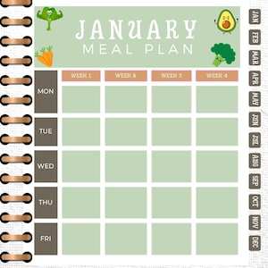 Può includere: Calendario di pianificazione dei pasti di gennaio verde chiaro con rilegatura a spirale. Il calendario presenta un layout a griglia con spazi per ogni giorno della settimana e numeri di settimana. Include illustrazioni di verdure e frutta.