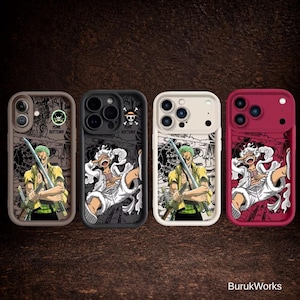 Puede incluir: Cuatro fundas para teléfono con ilustraciones de estilo anime. Las fundas presentan personajes con espadas y poses de acción, sobre un fondo de paneles de cómic. Las fundas son marrones, negras, blancas y rojas. El texto "Punk Rotten" es visible.