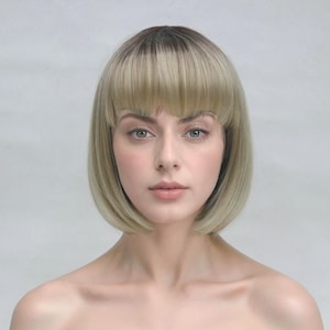 Luxury Blonde Bob Wig Topper with Bangs, blonde cosplay wig, chic short wig with bangs, bob cut wig for women