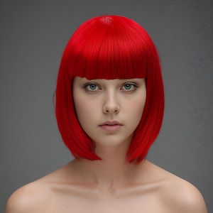Red Bob Wig with Bangs, Short Bright Red Cosplay Wig, Straight Bob Costume Wig, Edgy Synthetic Wig for Women