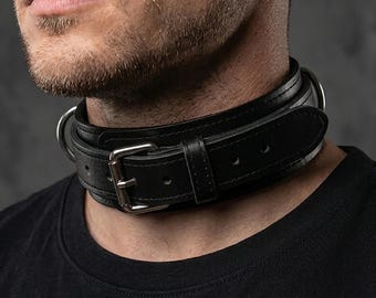 Collar de cuero negro para hombre con 3 anillas en D, gargantilla personalizada, regalo de lujo para él.