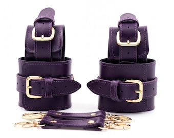 Purple Leather Restraint Set, Adjustable Handcuffs & Ankle Cuffs with Connectors, Gift for couples