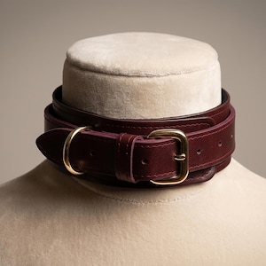 Op de afbeelding: Een bordeauxrode leren halsband met een goudkleurige gesp en D-ring. De halsband wordt getoond op een mannequinhoofd met een crèmekleurige stoffen bekleding. Het leer lijkt glad en de hardware glanzend.