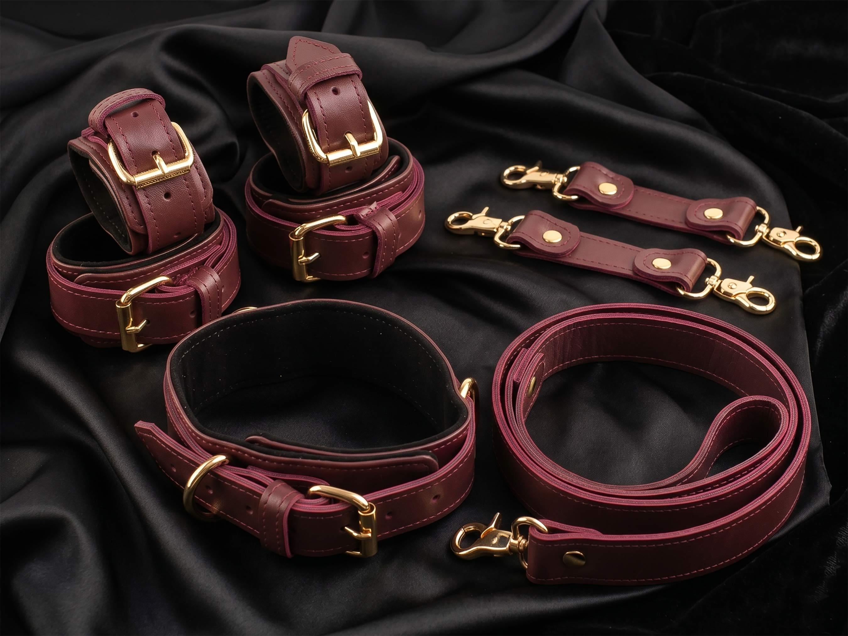 Burgundy Leather Restraint Set, Leather Handcuffs Ankle Cuffs and Collar with Leash, Personalized Anniversary Gift for Couples