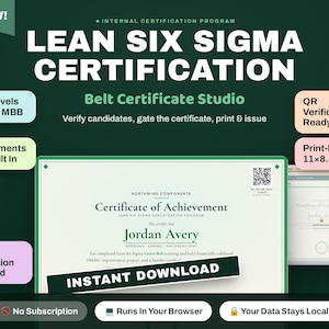 Lean Six Sigma Certificate Generator | Belt Certification Maker Tool | Green Belt, Black Belt, Yellow Belt | Printable Instant Download