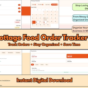 Puede incluir: Descarga digital de un rastreador de pedidos de alimentos caseros. La interfaz naranja y blanca muestra los detalles del pedido, los horarios de recogida y el seguimiento de pagos. El texto incluye "Rastrear pedidos, mantenerse organizado, ahorrar tiempo" y "Descarga digital instantánea."