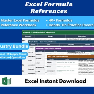 Libro de referencia de fórmulas de Excel / Más de 40 fórmulas / Finanzas / Recursos Humanos / Cadena de suministro / Salud / Operaciones / Ejercicios prácticos / Descarga instantánea