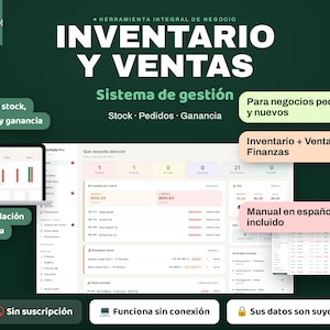 Op de afbeelding: Een digitaal voorraad- en verkoopbeheersysteem weergegeven op een computerscherm. De interface toont financiële gegevens, voorraadniveaus en orderverwerking. Tekstoverlays bevatten "INVENTARIO Y VENTAS", "Sistema de gestión" en "Sin suscripción."