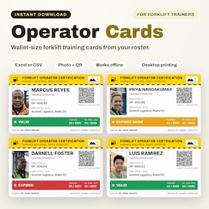 May include: Four forklift operator certification cards featuring employee photos, names, QR codes, and status indicators. The cards display text including "FORKLIFT OPERATOR CERTIFICATION," "TRAINED OPERATOR," and "Summit Logistics, Rialto DC."