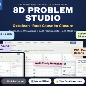 May include: A digital software interface titled 8D Problem Studio for quality teams. The display features a dashboard with fishbone and 5-why tools, guided D1-D8 workflows, action trackers, and audit-ready report generation in PDF, Excel, and CSV formats.