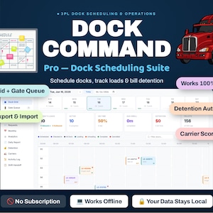 May include: Dock Command Pro software interface for 3PL dock scheduling and operations. Features include a dock grid, gate queue, Excel export and import, detention auto-billing, and carrier scorecards. The system works offline, requires no subscription, and keeps data local.