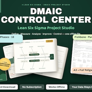 May include: A digital DMAIC Control Center project studio tool featuring a dark green background with white text. It includes a fishbone diagram, process capability charts, and an A3 full tollgate report. A gold badge indicates a free handbook is included.