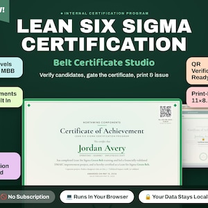 May include: A Lean Six Sigma certification program template featuring a certificate of achievement for Jordan Avery. The design includes text for 5 belt levels, QR verification, and print-perfect 11x8.5 inch dimensions on a dark green background.