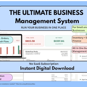May include: A digital business management system interface with the text "THE ULTIMATE BUSINESS Management System". Features include inventory, sales, finance, and order tracking. The system is designed for small and upcoming businesses, offering an instant digital download.