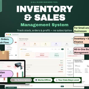 May include: A digital inventory and sales management system interface displayed on a screen. Text includes INVENTORY & SALES Management System, Track stock, orders & profit, no subscription, For Small and Upcoming Businesses, and Invoice.
