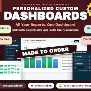 May include: A digital graphic advertisement for personalized custom dashboards featuring the text: Personalized Custom Dashboards, All Your Reports, One Dashboard, SaaS-quality tools without the SaaS, built to order, no subscription, and Made To Order.