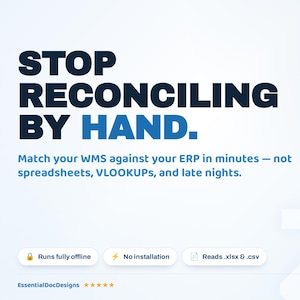 May include: A digital graphic with dark blue and light blue text reading: STOP RECONCILING BY HAND. Match your WMS against your ERP in minutes — not spreadsheets, VLOOKUPS, and late nights. Includes icons for offline, no installation, and file support.