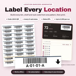 倉庫ロケーションラベルジェネレーター | ビン、棚、ラック用バーコードラベル | Code 128、QR、Avery 5160、Zebra ZPL | オフラインツール