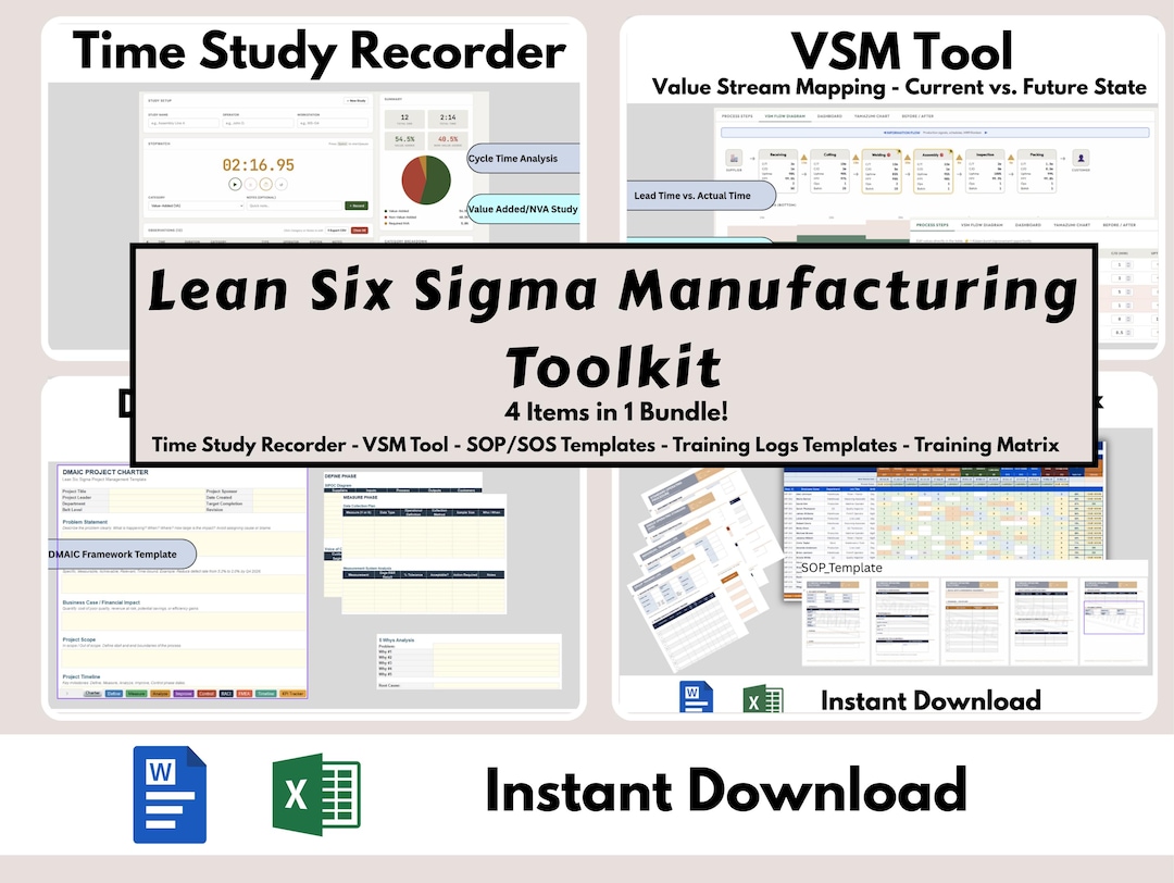 Lean Six Sigma Manufacturing Toolkit | Time Study, VSM, DMAIC Charter ...