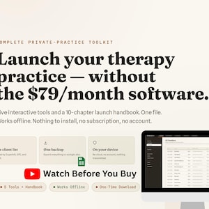 Könnte beinhalten: Ein digitales Toolkit für Therapiepraxen mit dem Text Complete Private-Practice Toolkit, Launch your therapy practice — without the $79/month software und Watch Before You Buy. Enthält fünf interaktive Werkzeuge, ein Handbuch und einen Computerbildschirm.